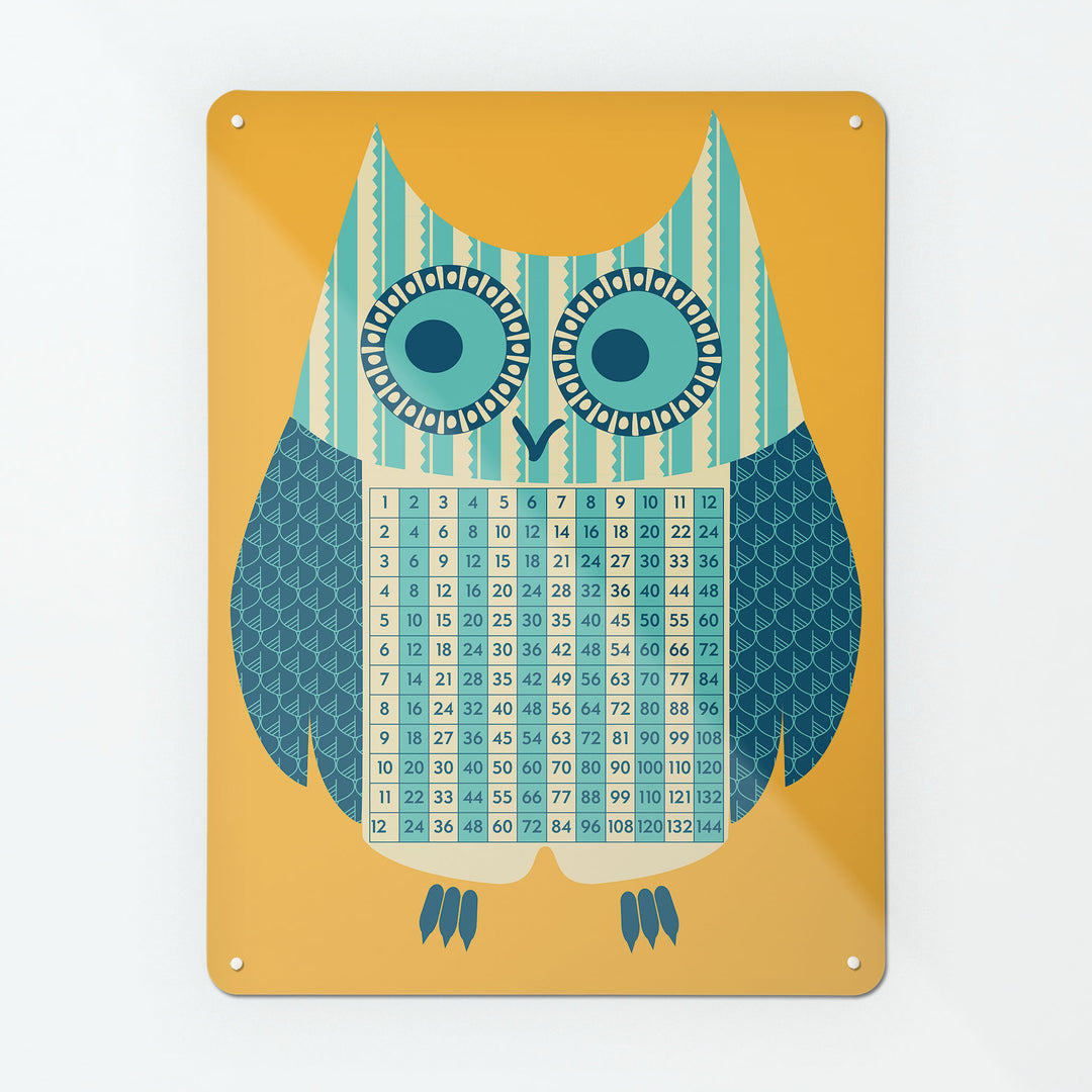 A large magnetic notice board by Beyond the Fridge with an illustration of an owl with a times tables design in blue, cream, teal and orange