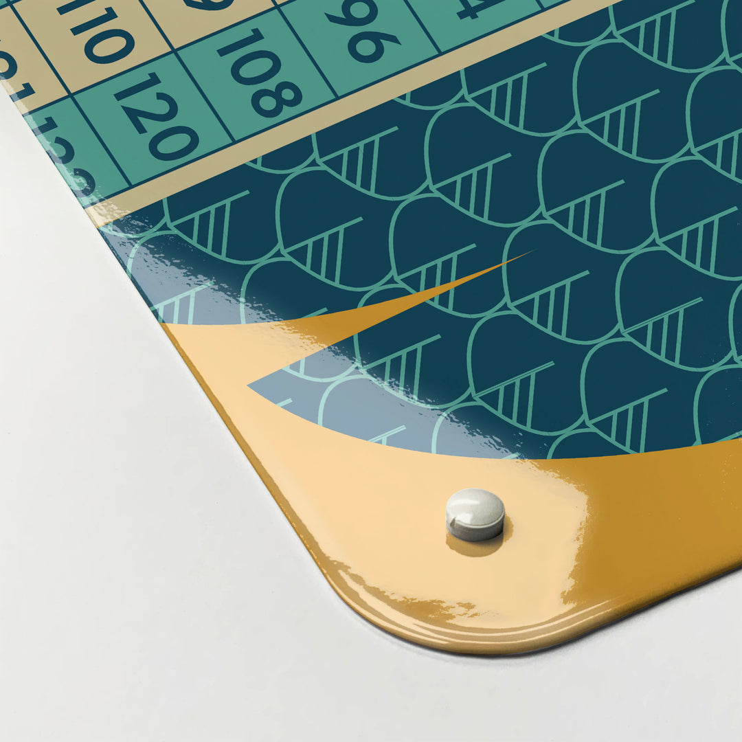 The corner detail of a wise owl times tables design magnetic board to show it’s high gloss surface