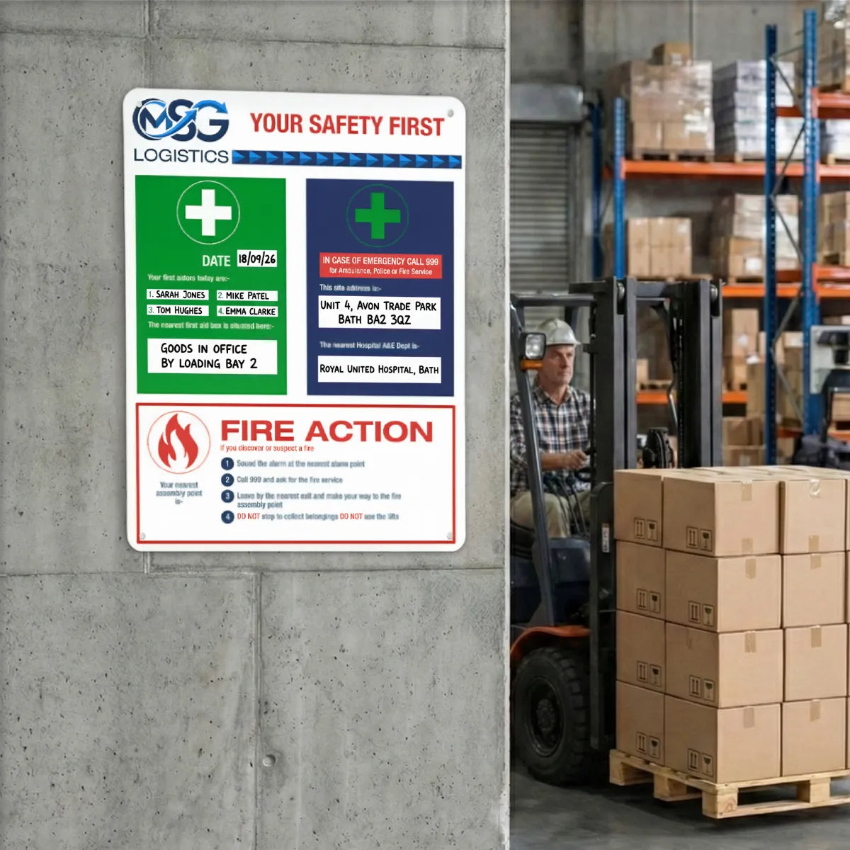 Site safety and fire action board on a warehouse wall, forklift at work