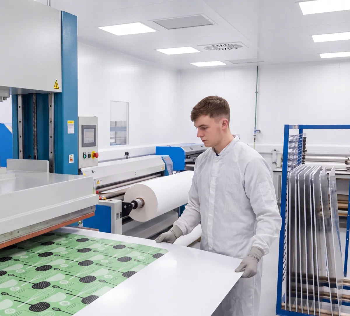 A technician feeding a printed kitchen-utensil design into the press