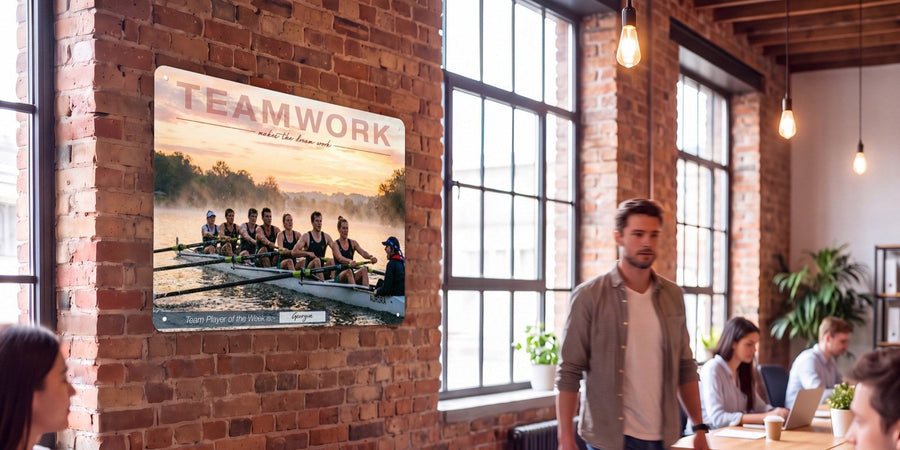 A Teamwork board printed with a rowing crew photograph on the brick wall of an open-plan office