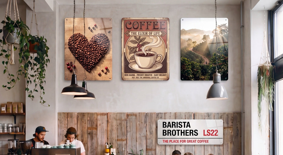 An example café wall with printed steel boards and a street sign above the counter
