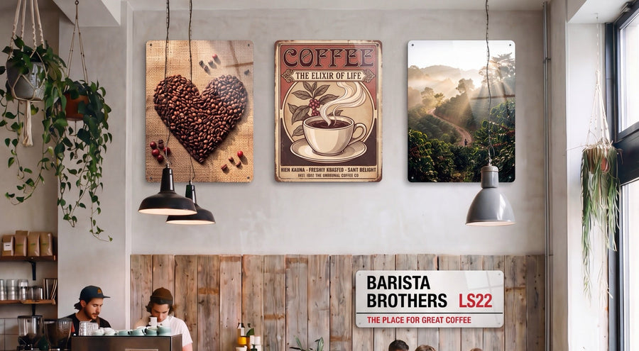 An example café wall with printed steel boards and a street sign above the counter