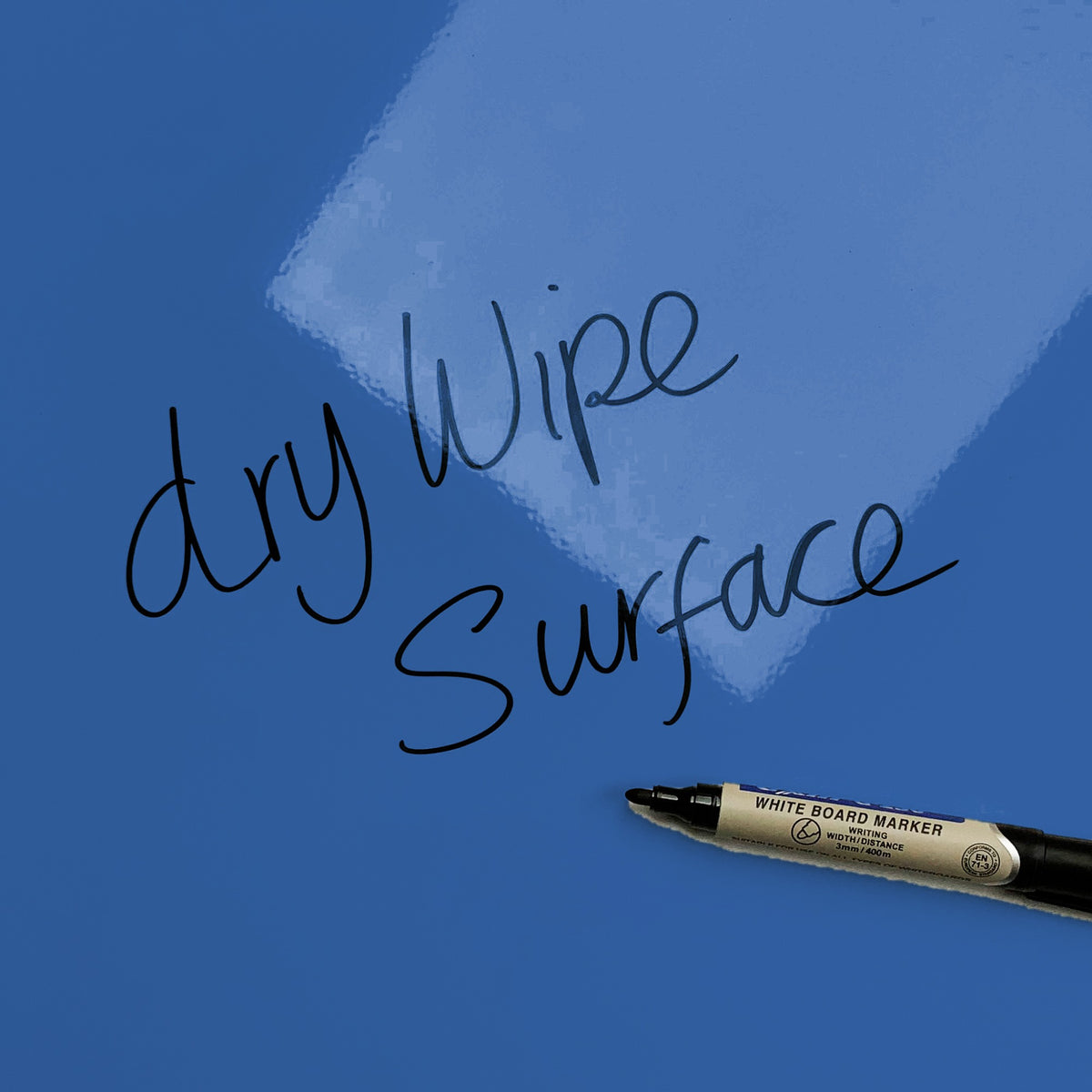 The words dry wipe surface written in marker pen on the October Abstract Paintings magnetic notice board