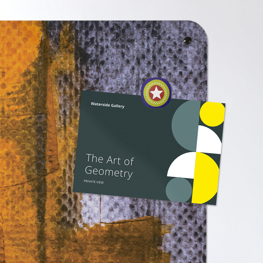 A postcard held by a fridge magnet on the Abstract Paintings magnetic notice board in October