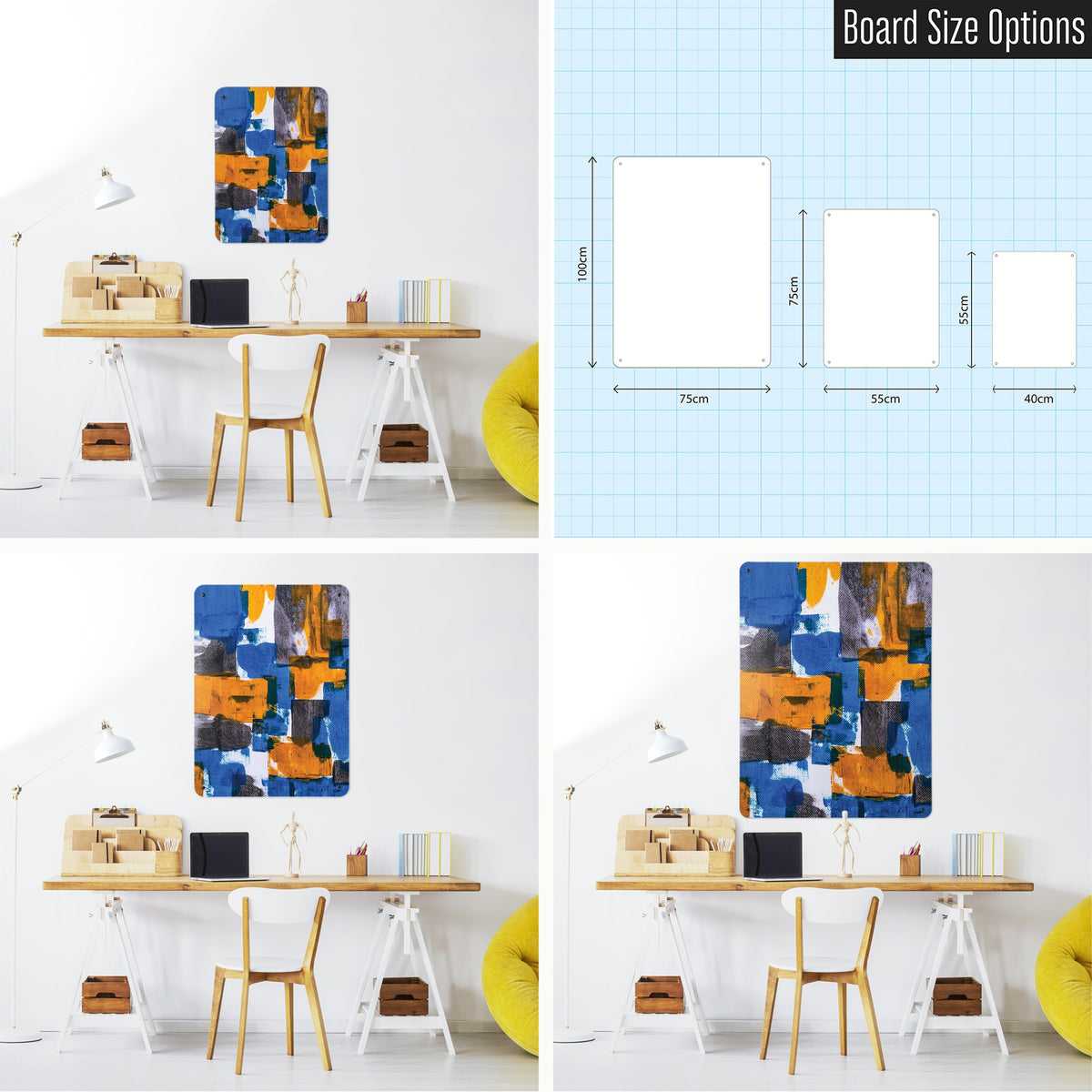Abstract Paintings magnetic notice board in October shown in small, medium and large, with the measurements of each