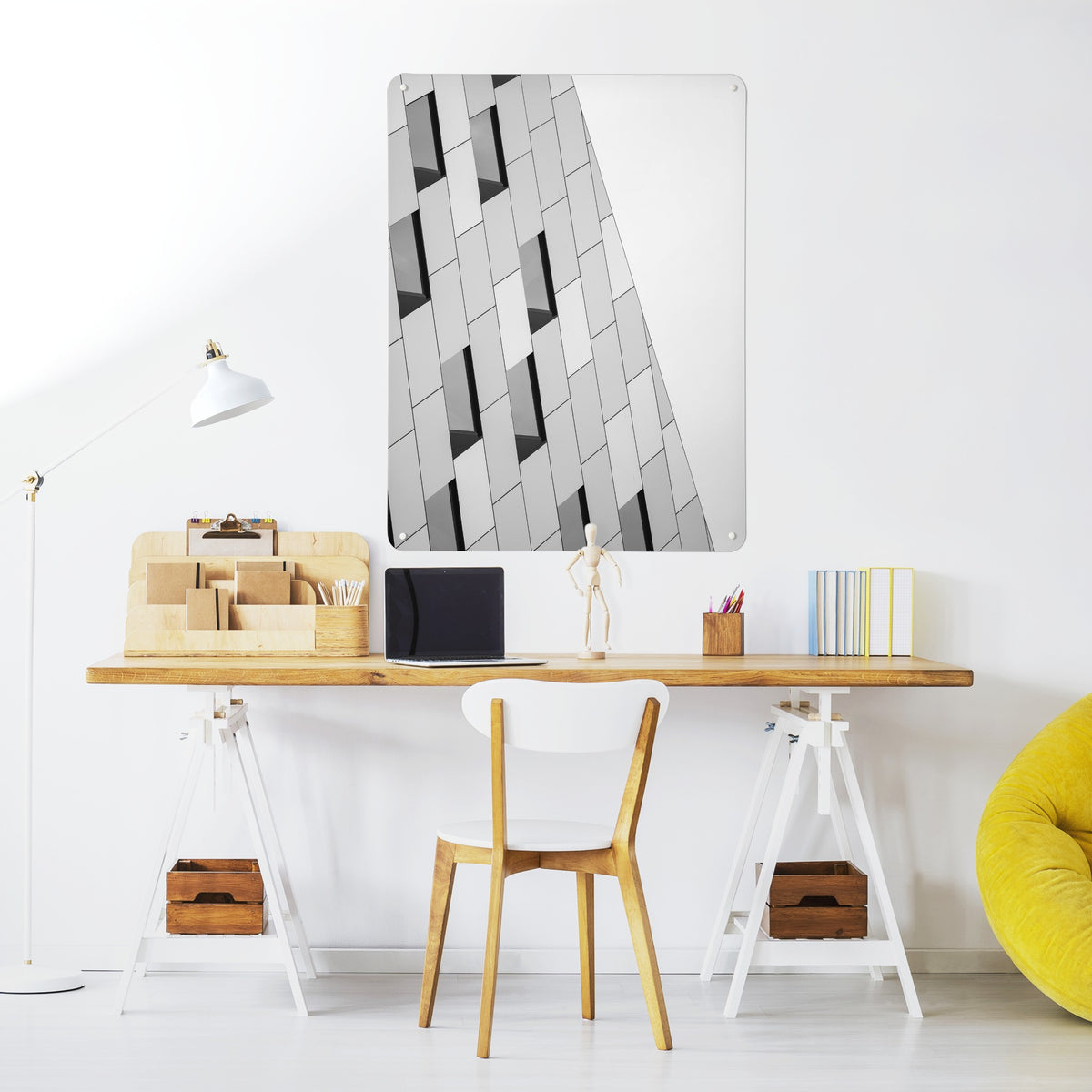 Abstract Windows magnetic notice board above a desk in a home office