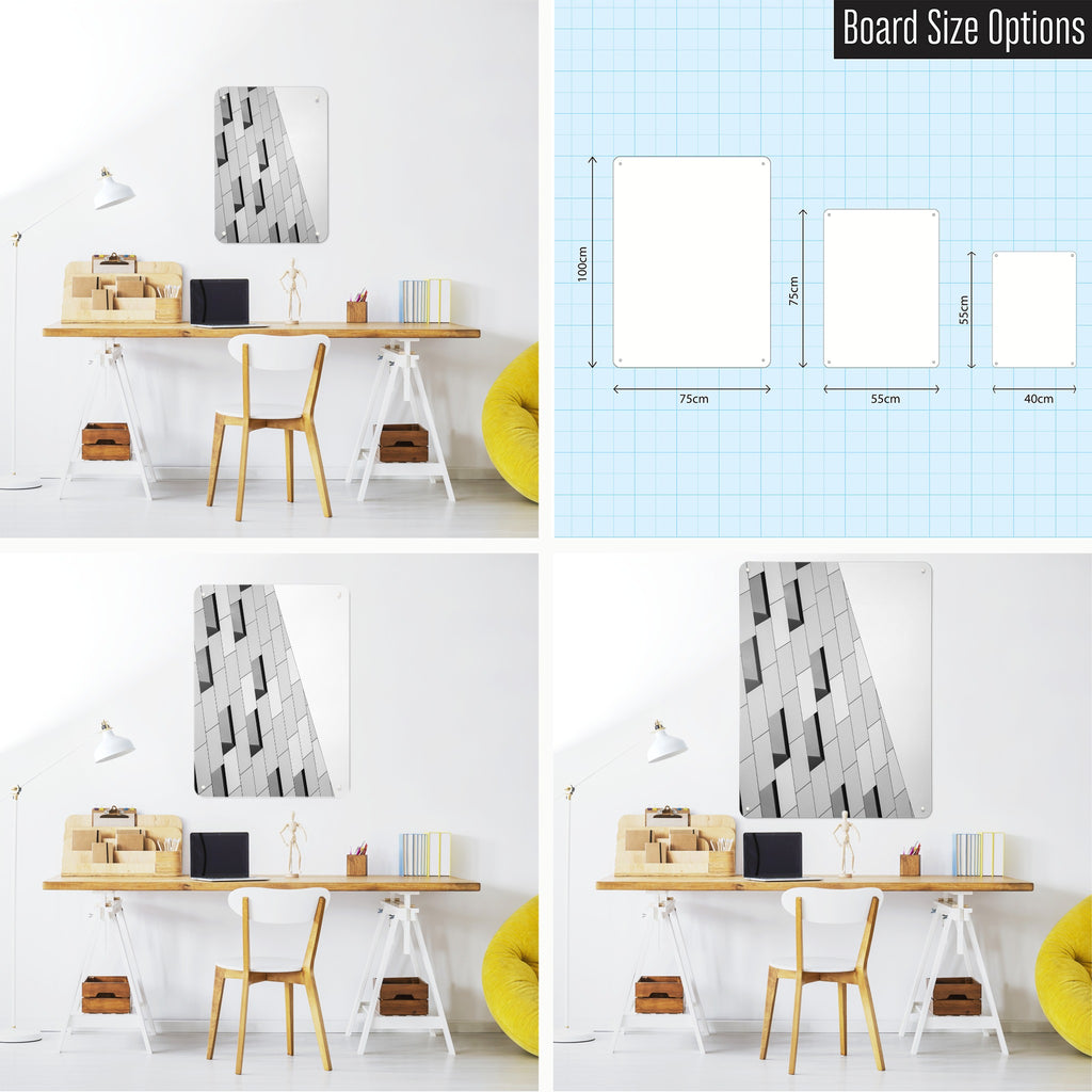 Abstract Windows magnetic notice board shown in small, medium and large, with the measurements of each
