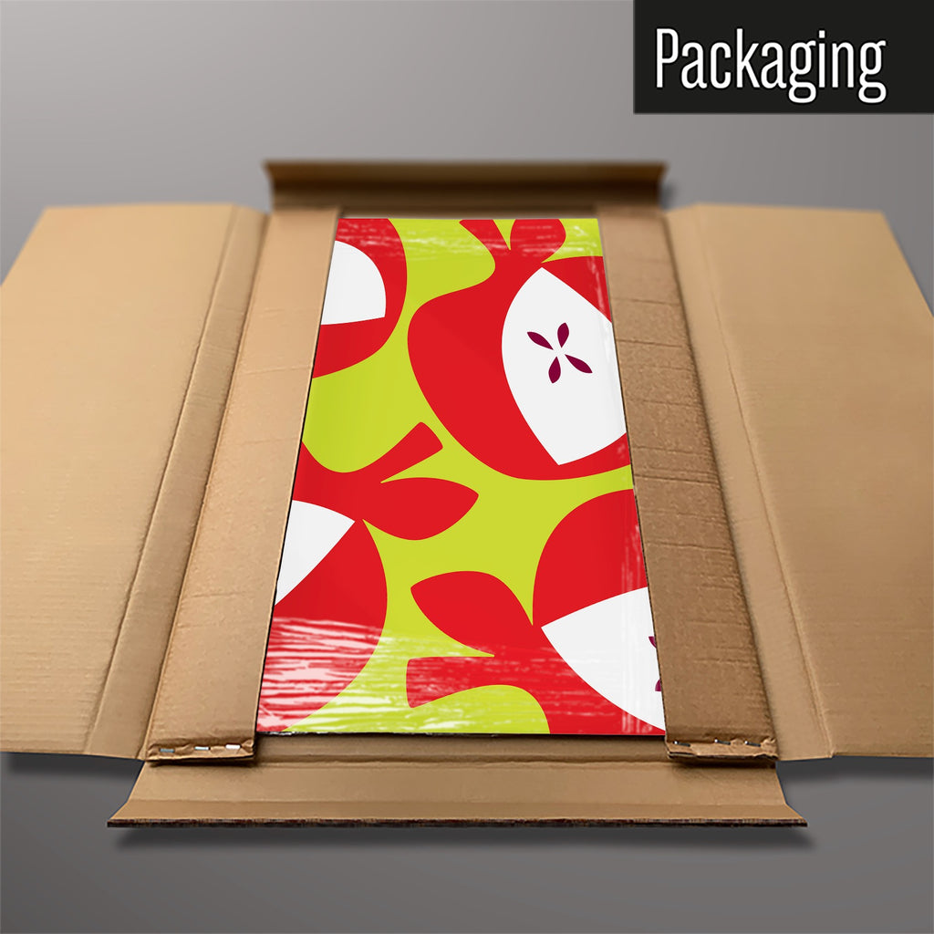 The Apples magnetic notice board in Red Apples packed flat in its cardboard box