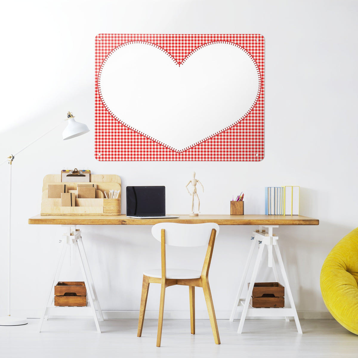 Applique Heart On Red Gingham magnetic notice board in Applique Heart on Red Gingham above a desk in a home office