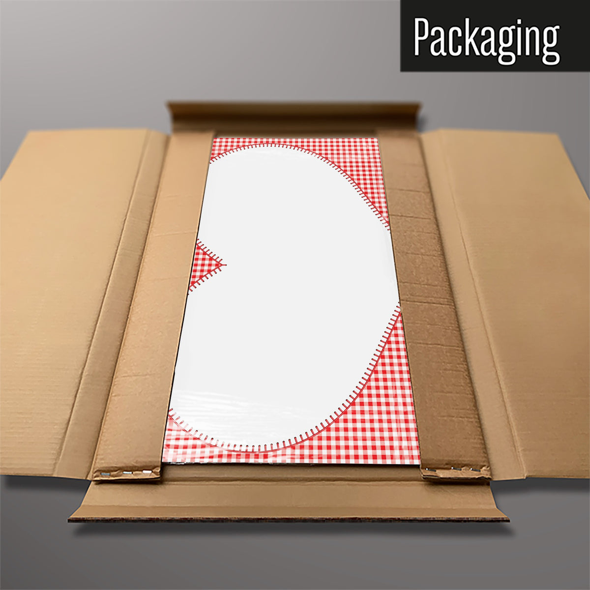 The Applique Heart On Red Gingham magnetic notice board in Applique Heart on Red Gingham packed flat in its cardboard box