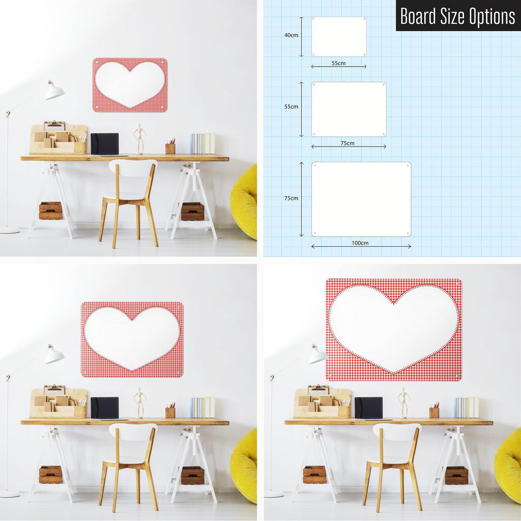 Applique Heart On Red Gingham magnetic notice board in Applique Heart on Red Gingham shown in small, medium and large, with the measurements of each