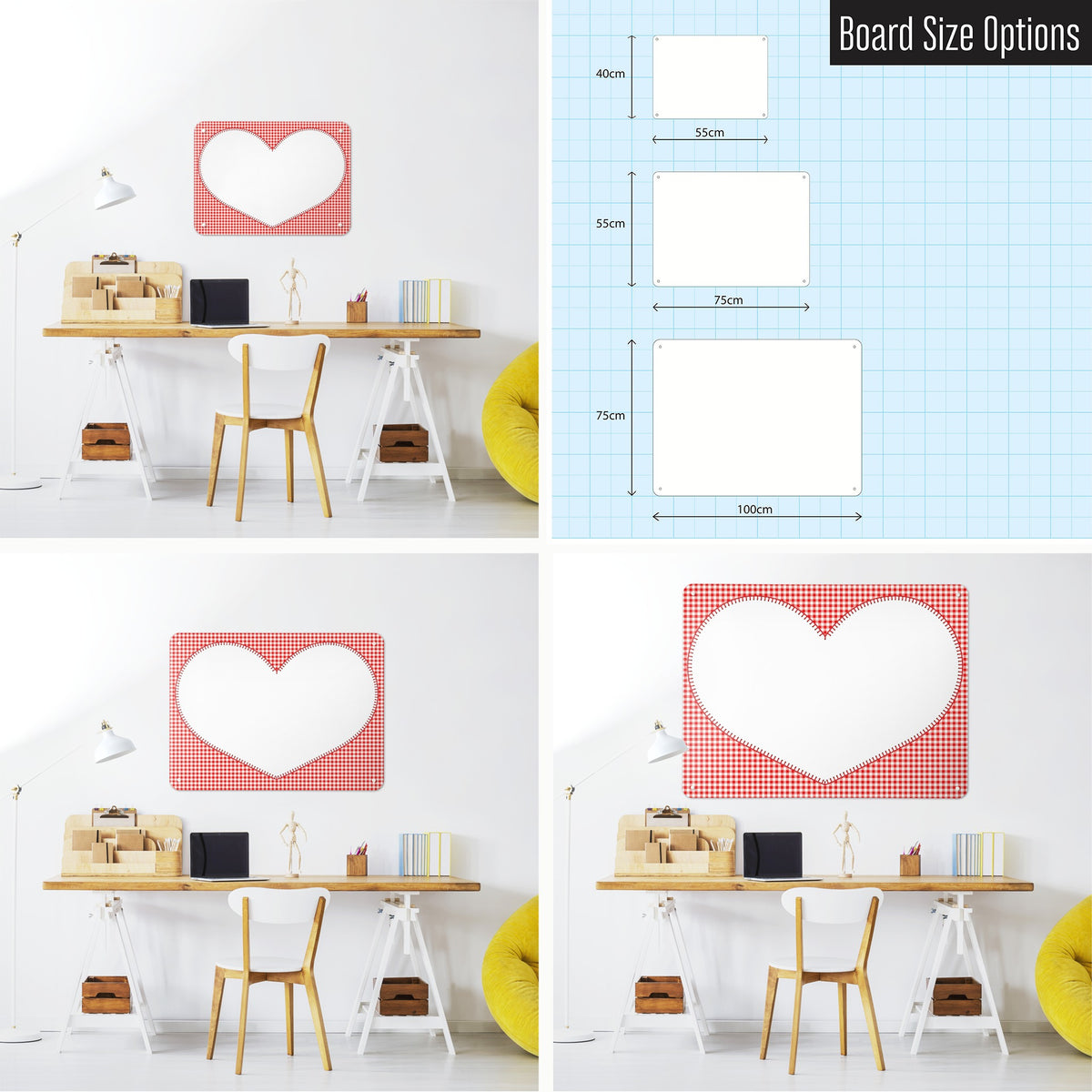 Applique Heart On Red Gingham magnetic notice board in Applique Heart on Red Gingham shown in small, medium and large, with the measurements of each