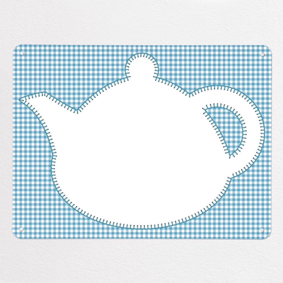 Applique Teapot On Gingham magnetic notice board in Applique Teapot on Blue Gingham, large size, 100 × 75 cm