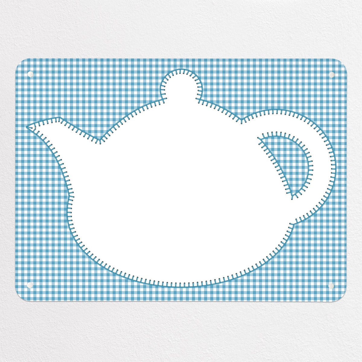 Applique Teapot On Gingham magnetic notice board in Applique Teapot on Blue Gingham, medium size, 75 × 55 cm