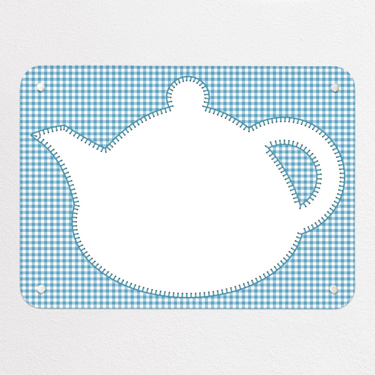 Applique Teapot On Gingham magnetic notice board in Applique Teapot on Blue Gingham, small size, 55 × 40 cm