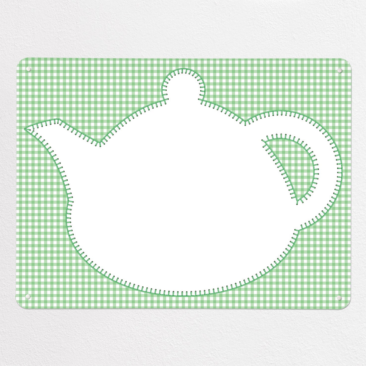 Applique Teapot On Gingham magnetic notice board in Applique Teapot on Green Gingham, large size, 100 × 75 cm