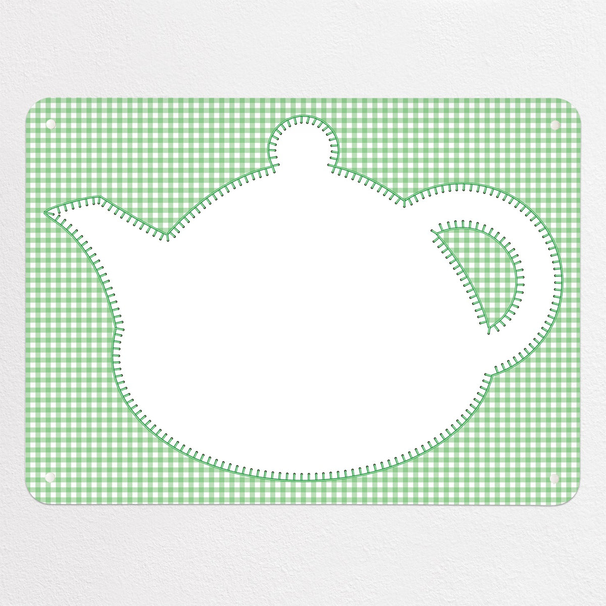 Applique Teapot On Gingham magnetic notice board in Applique Teapot on Green Gingham, medium size, 75 × 55 cm