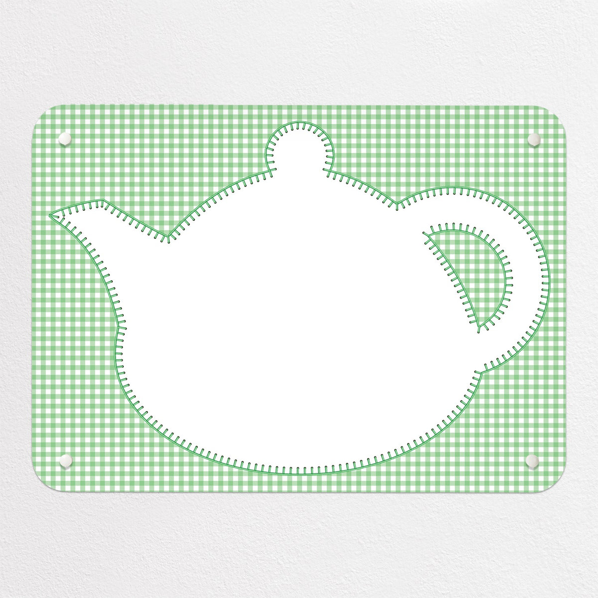 Applique Teapot On Gingham magnetic notice board in Applique Teapot on Green Gingham, small size, 55 × 40 cm