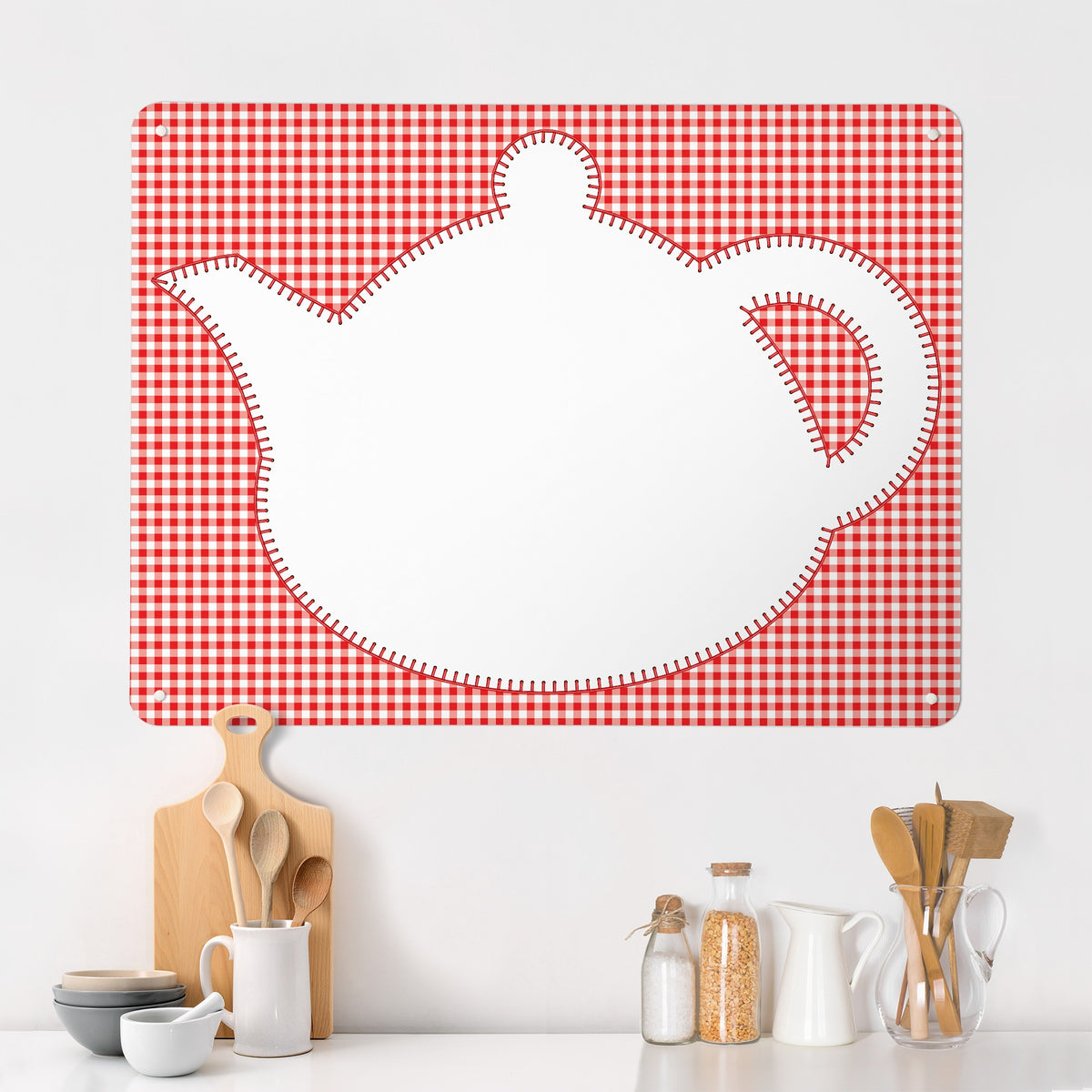 Applique Teapot On Gingham magnetic notice board in Applique Teapot on Red Gingham on a kitchen wall