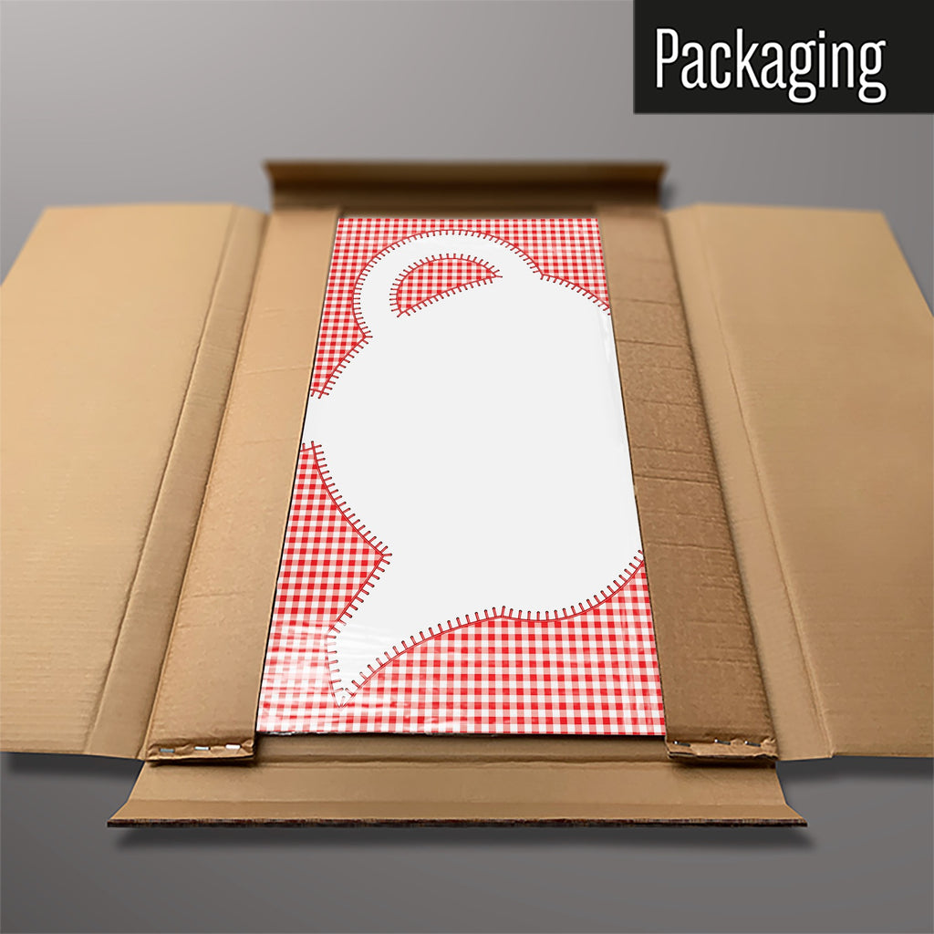 The Applique Teapot On Gingham magnetic notice board in Applique Teapot on Red Gingham packed flat in its cardboard box