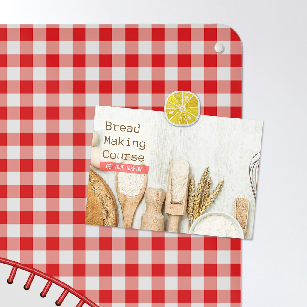A postcard held by a fridge magnet on the Applique Teapot On Gingham magnetic notice board in Applique Teapot on Red Gingham