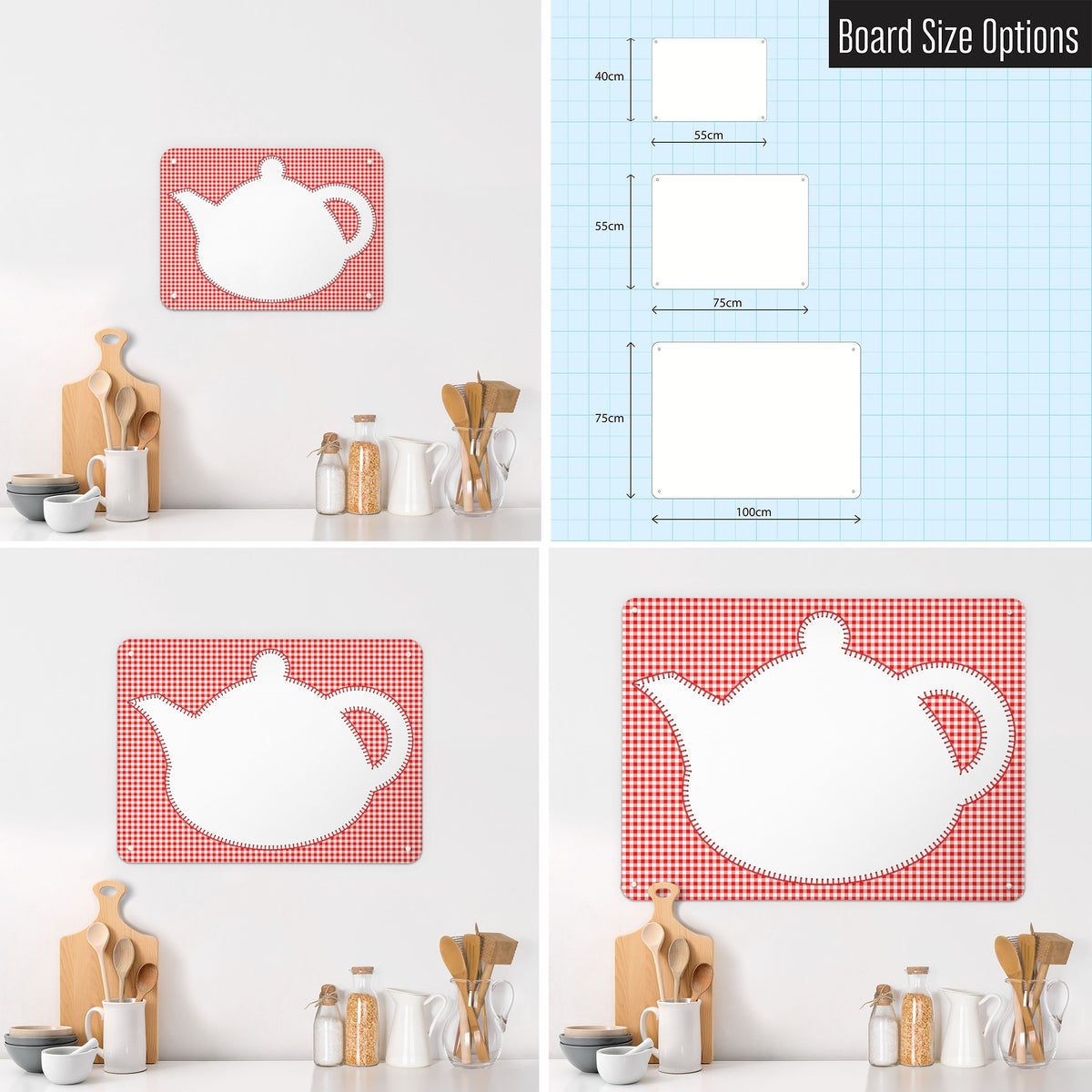Applique Teapot On Gingham magnetic notice board in Applique Teapot on Red Gingham shown in small, medium and large, with the measurements of each
