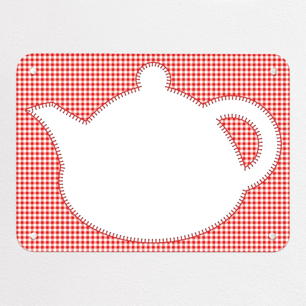 Applique Teapot On Gingham magnetic notice board in Applique Teapot on Red Gingham, small size, 55 × 40 cm