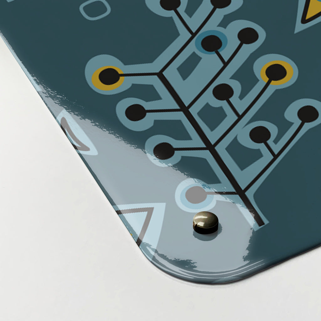 Close-up of the corner of the Aquarium magnetic notice board in Deep Blue, showing the gloss finish and a screw cap