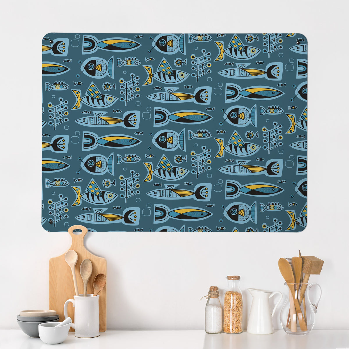 Aquarium magnetic notice board in Deep Blue on a kitchen wall