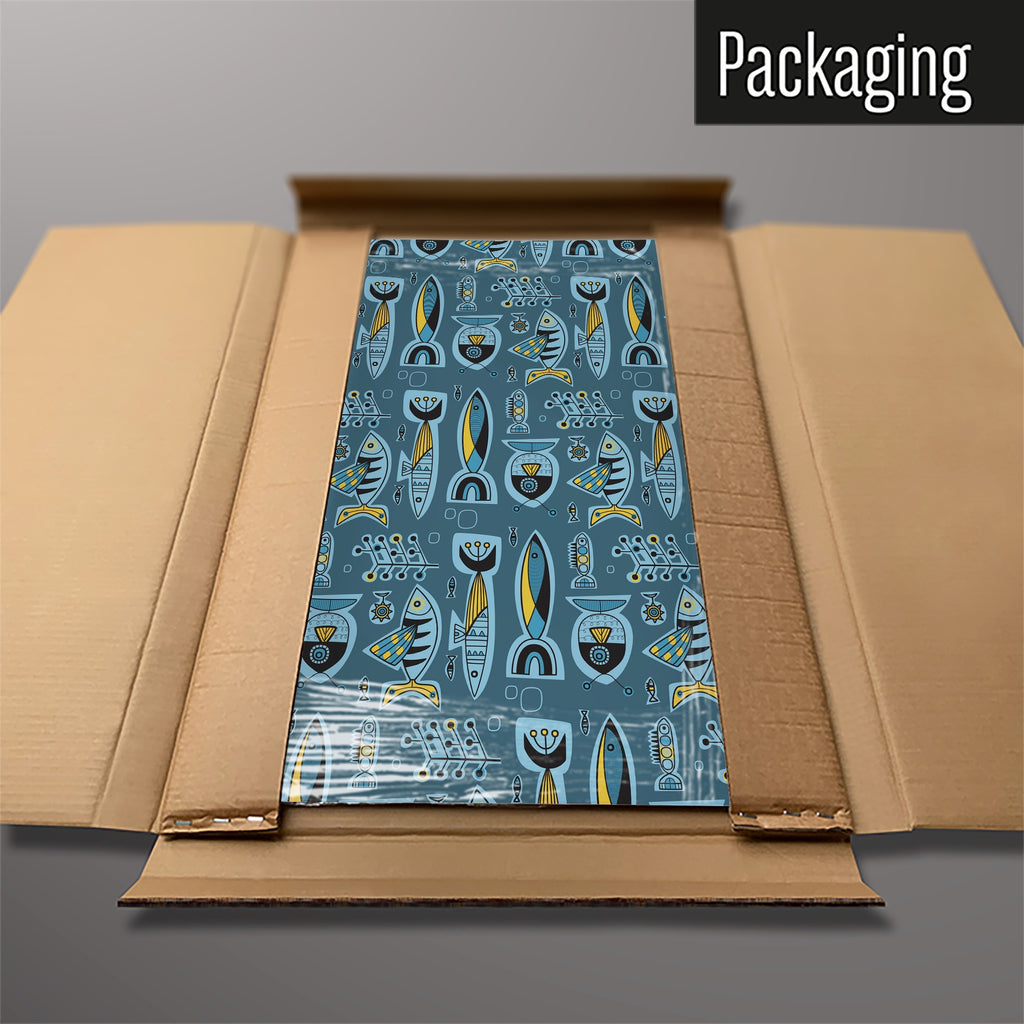 The Aquarium magnetic notice board in Deep Blue packed flat in its cardboard box