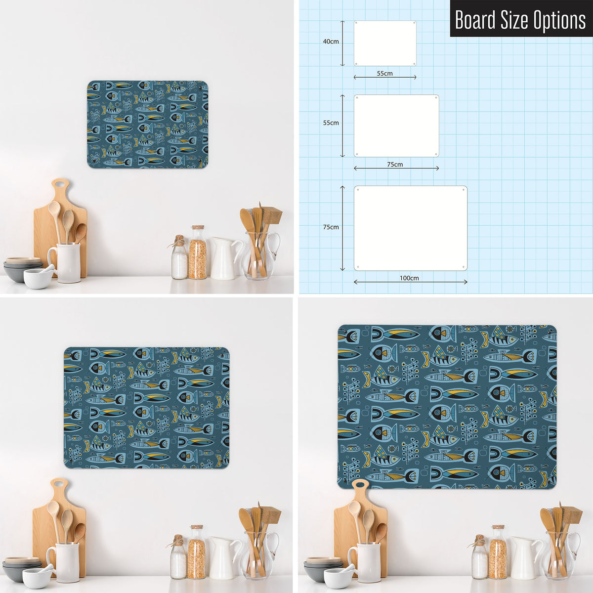 Aquarium magnetic notice board in Deep Blue shown in small, medium and large, with the measurements of each