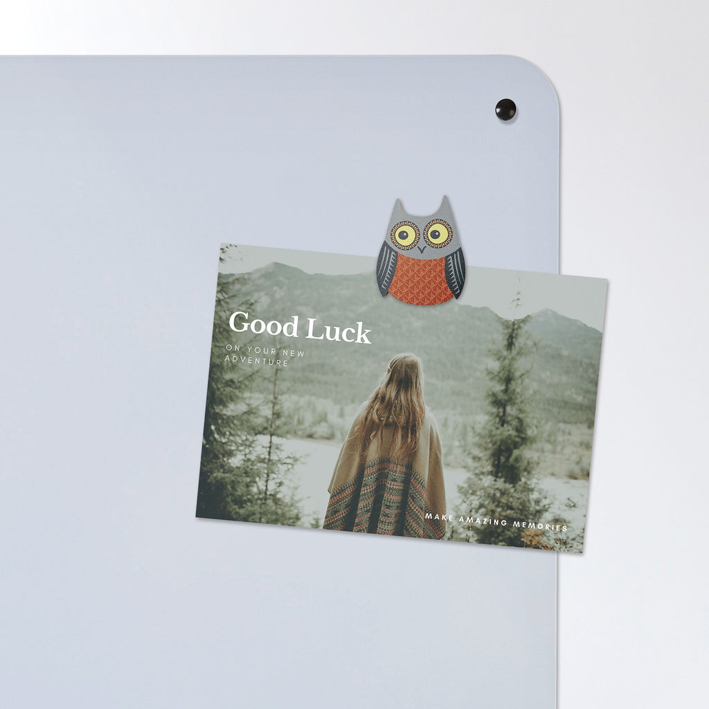 A postcard held by a fridge magnet on the Artic Fox magnetic notice board