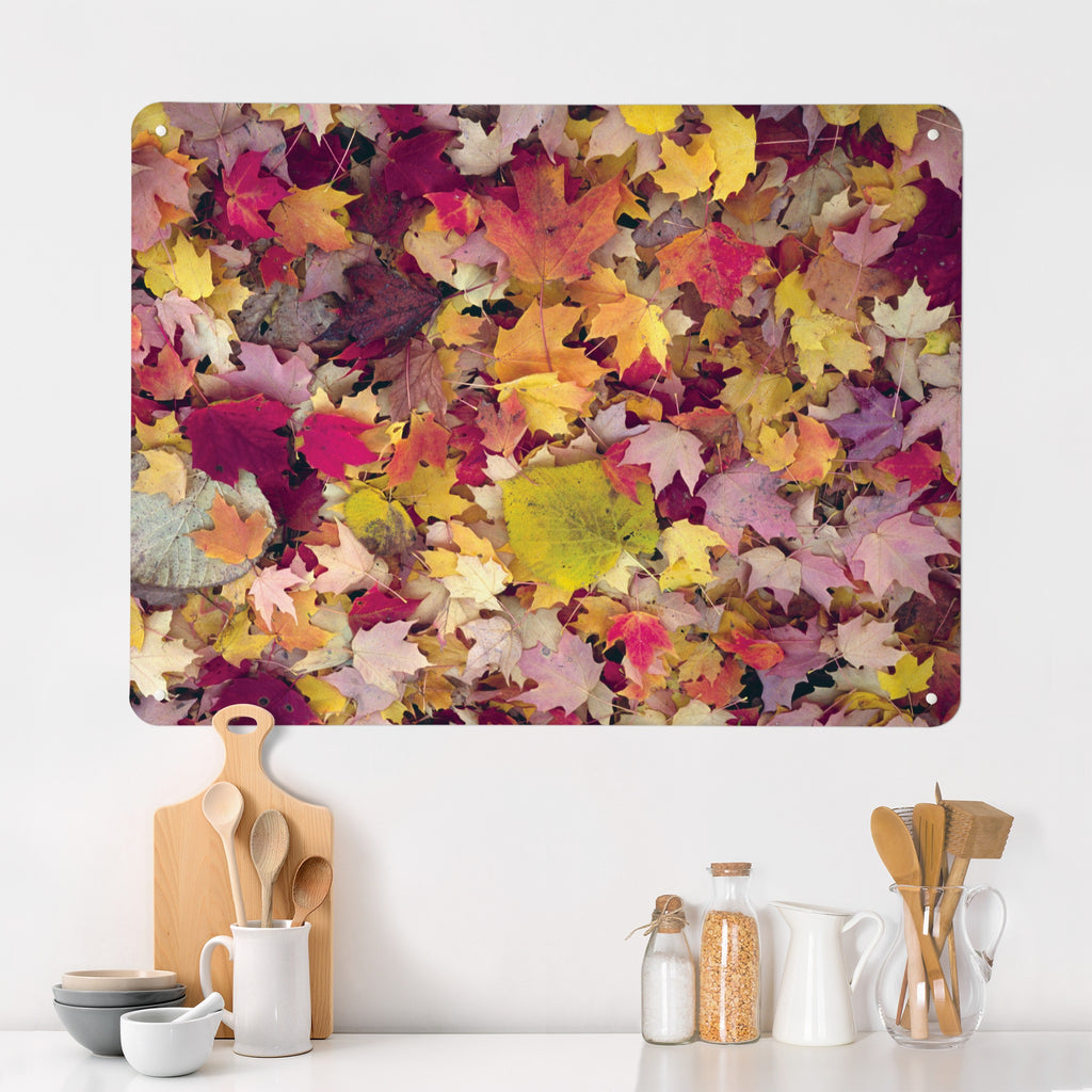 Autumn Leaves magnetic notice board in Autumn Leaves on a kitchen wall