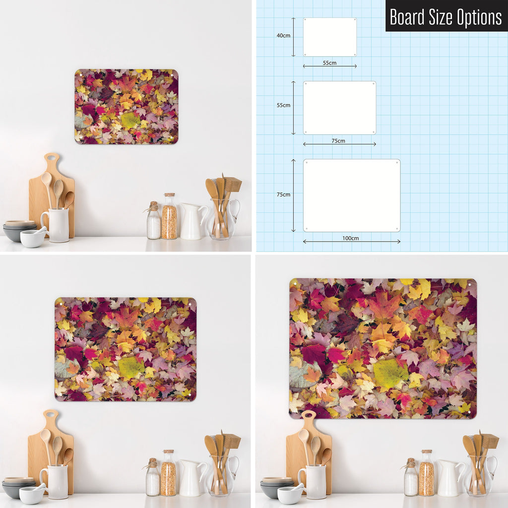 Autumn Leaves magnetic notice board in Autumn Leaves shown in small, medium and large, with the measurements of each