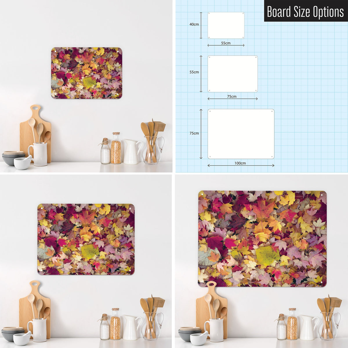 Autumn Leaves magnetic notice board in Autumn Leaves shown in small, medium and large, with the measurements of each
