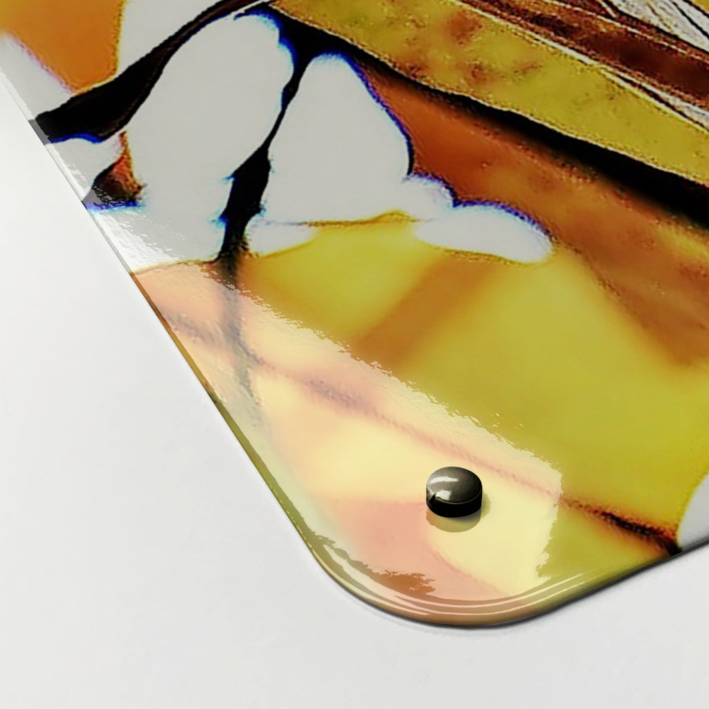 Close-up of the corner of the Autumn Tree magnetic notice board, showing the gloss finish and a screw cap