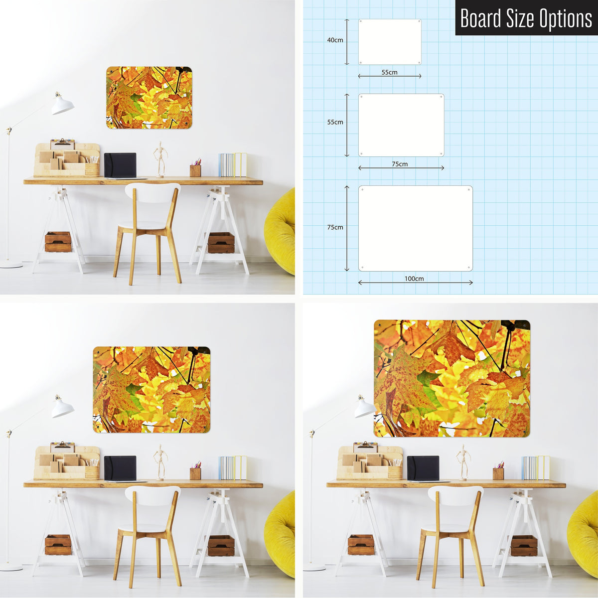 Autumn Tree magnetic notice board shown in small, medium and large, with the measurements of each