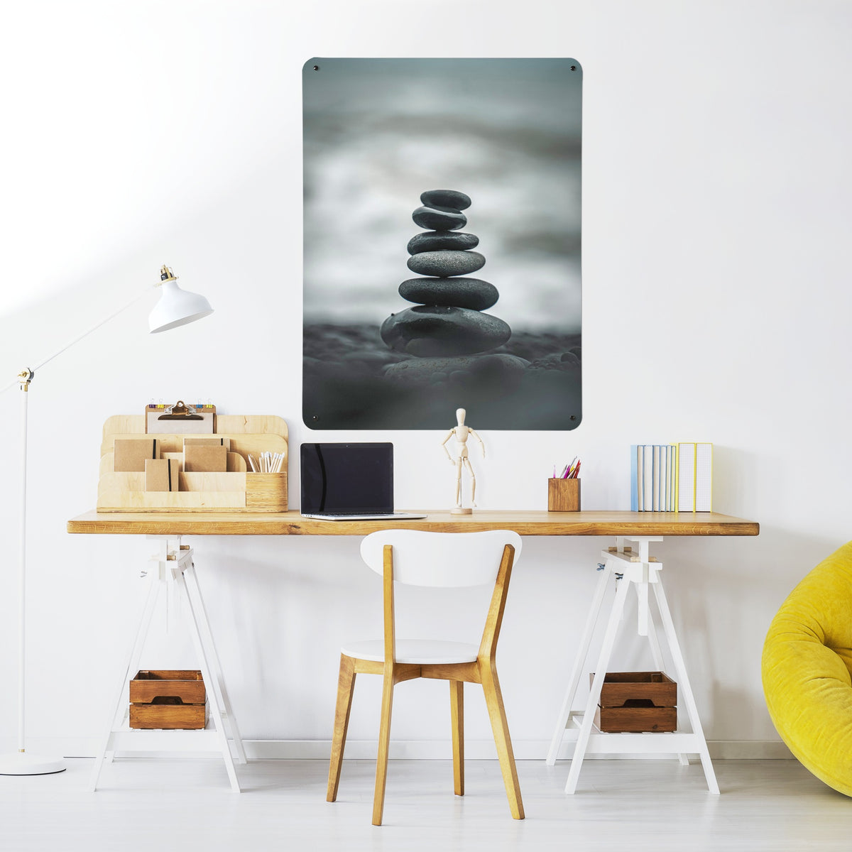 Balancing Stones magnetic notice board above a desk in a home office