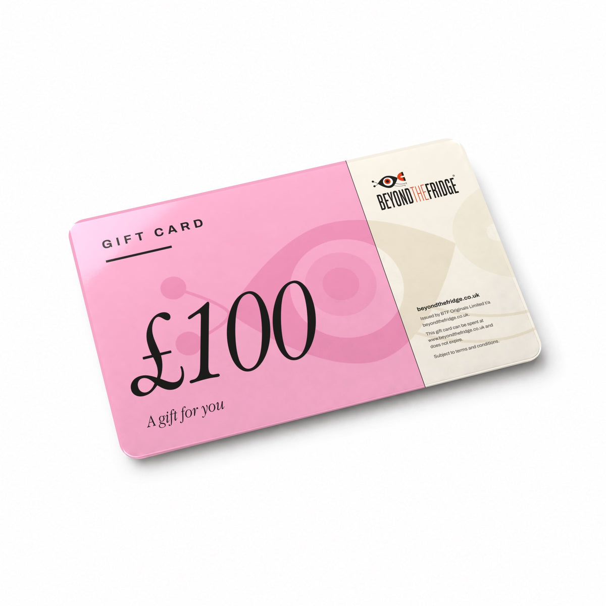 Beyond the Fridge £100 gift card, a glossy card on a white table