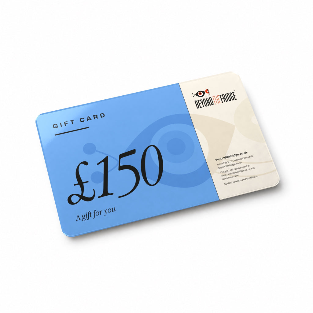 Beyond the Fridge £150 gift card, a glossy card on a white table
