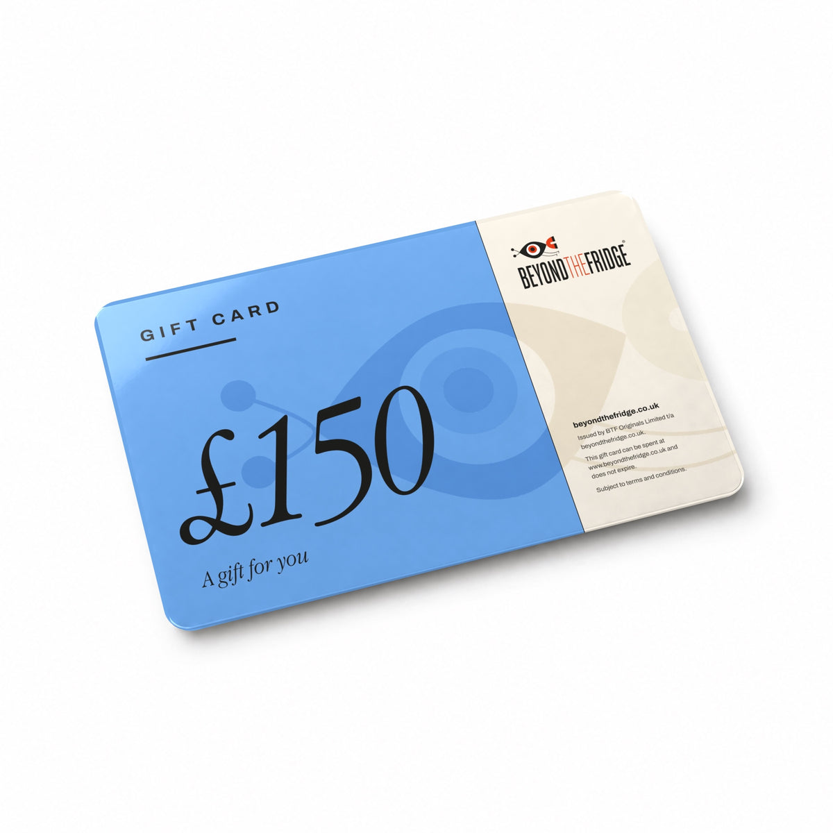 Beyond the Fridge £150 gift card, a glossy card on a white table