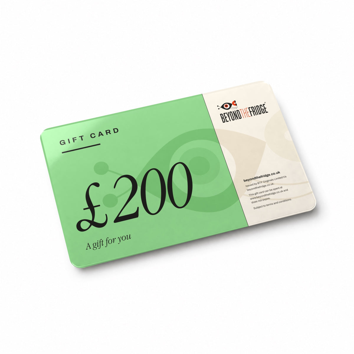 Beyond the Fridge £200 gift card, a glossy card on a white table