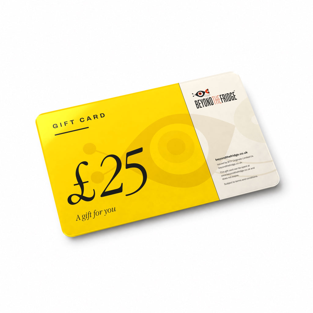 Beyond the Fridge £25 gift card, a glossy card on a white table