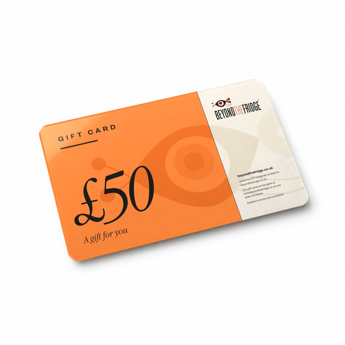 Beyond the Fridge £50 gift card, a glossy card on a white table