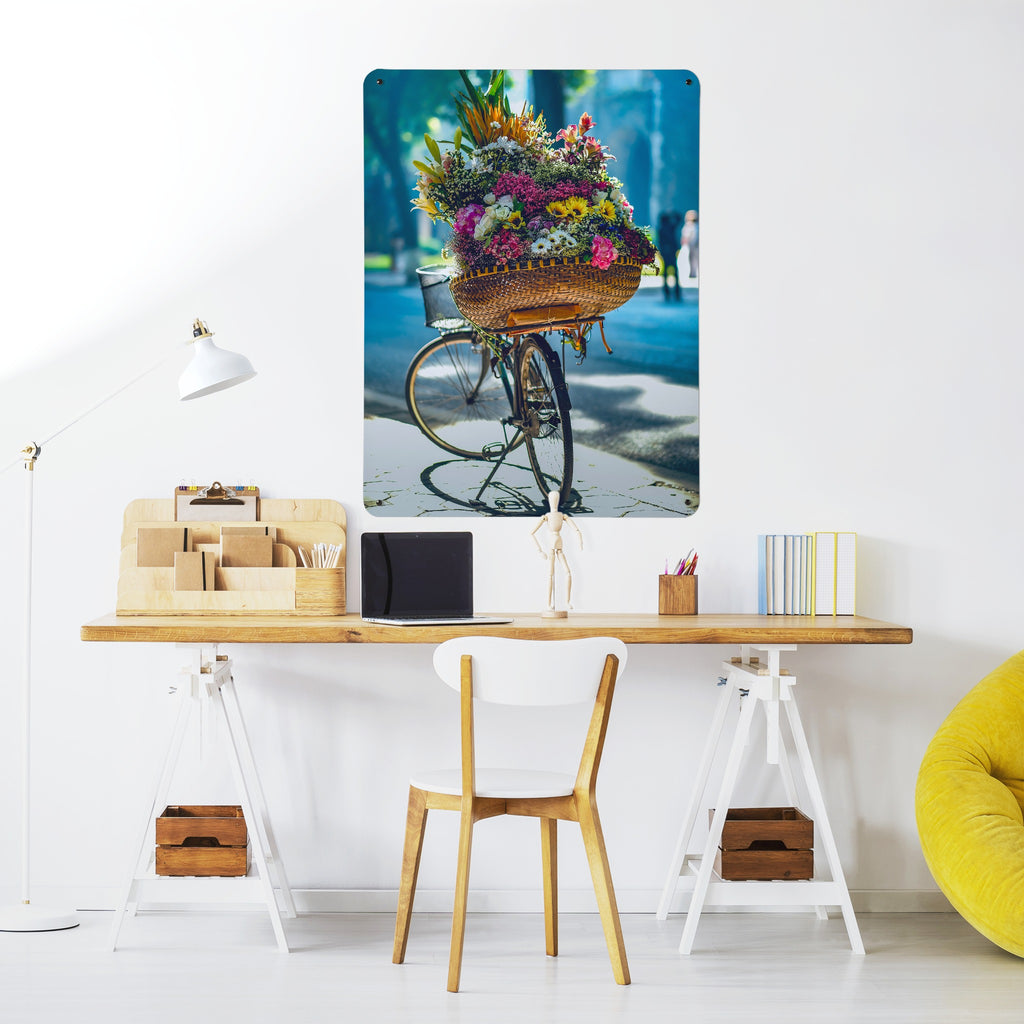 Bicycle And Flower Basket magnetic notice board above a desk in a home office