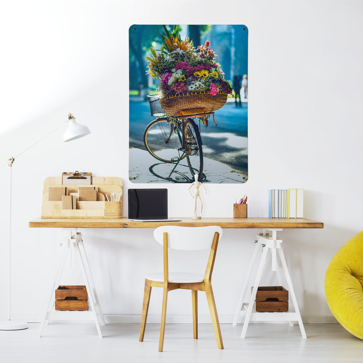Bicycle And Flower Basket magnetic notice board above a desk in a home office