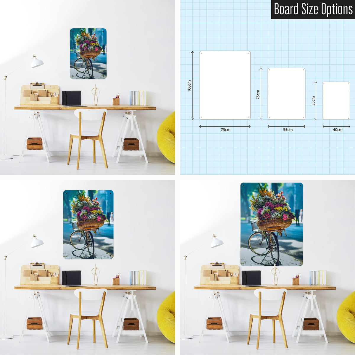 Bicycle And Flower Basket magnetic notice board shown in small, medium and large, with the measurements of each