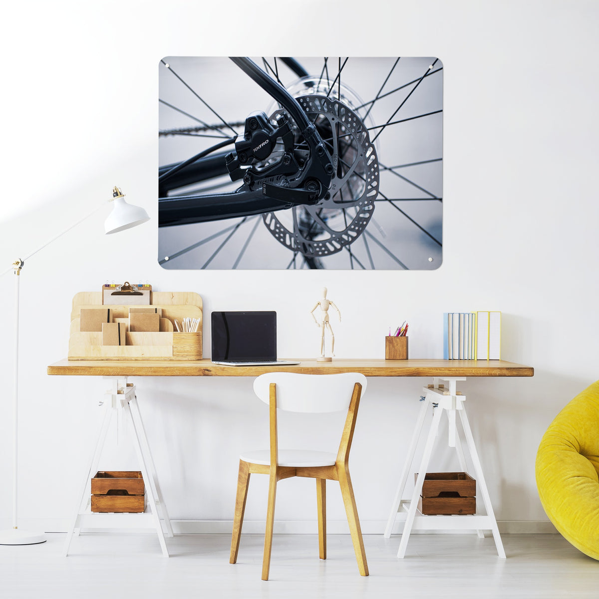 Bicycle Spokes magnetic notice board above a desk in a home office