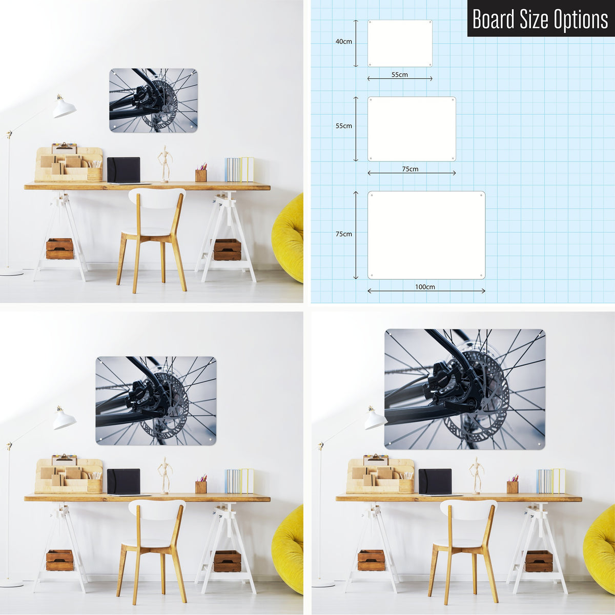 Bicycle Spokes magnetic notice board shown in small, medium and large, with the measurements of each